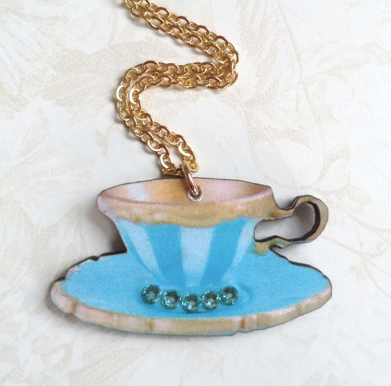 Alice in wonderland stripe wood teacup necklace