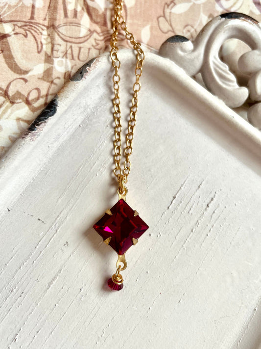 Vintage square Swarovski crystal in ruby red