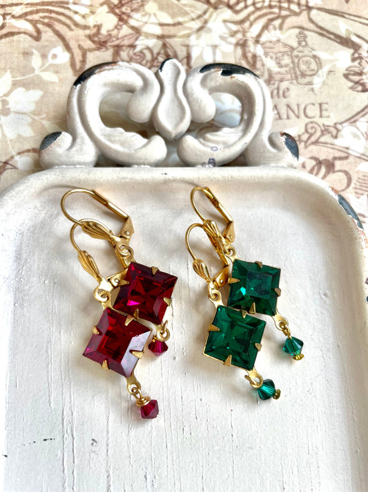 Vintage square Swarovski crystal earrings in your choice of color