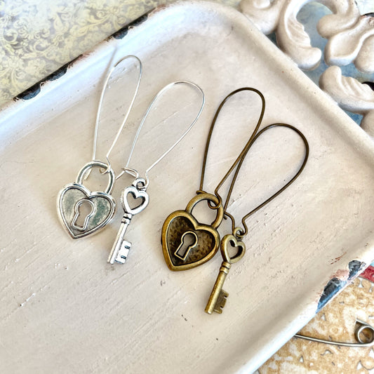 Victoria - asymmetrical lock and key earrings - silver or antique brass