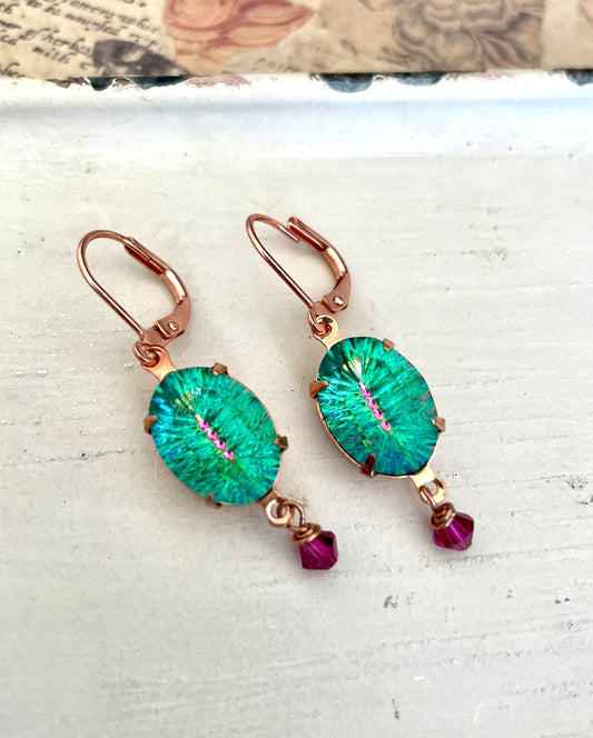 Tropical oval earrings in pink and green