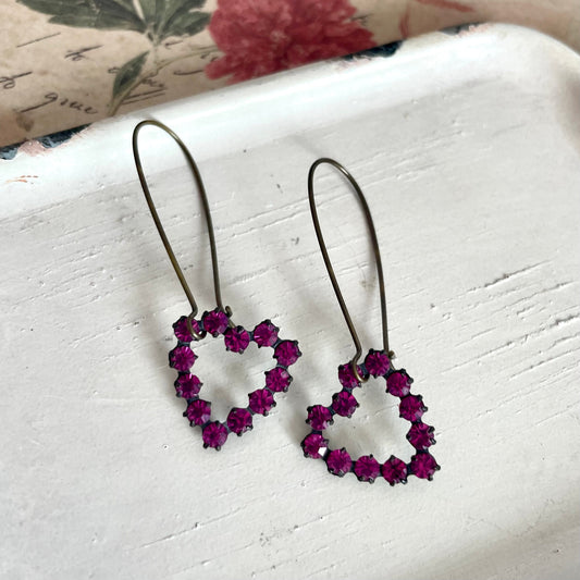 Vintage crystal heart earrings in fuchsia pink - Valentine's Day jewelry - Swarovski